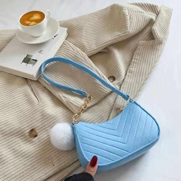 Felt Cloth Shoulder Bag Purses Handbag Underarm Light Blue